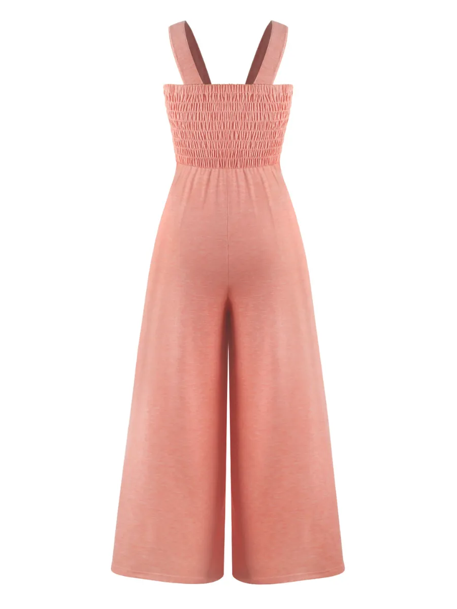 Shore Vacays Smocked Pocketed Wide Leg Jumpsuit - Pink