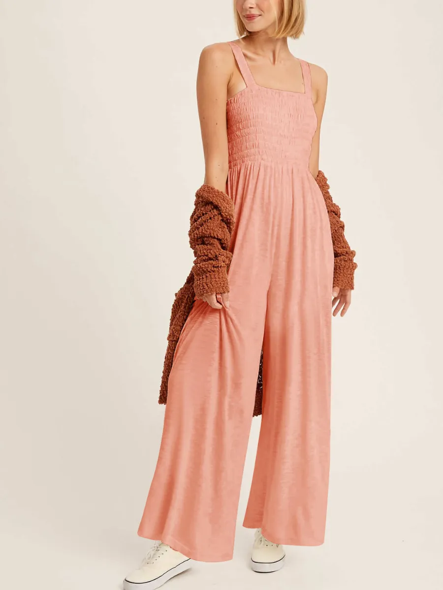 Shore Vacays Smocked Pocketed Wide Leg Jumpsuit - Pink