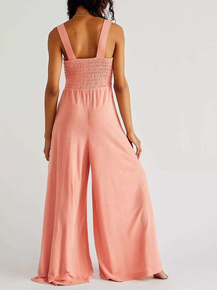 Shore Vacays Smocked Pocketed Wide Leg Jumpsuit - Pink