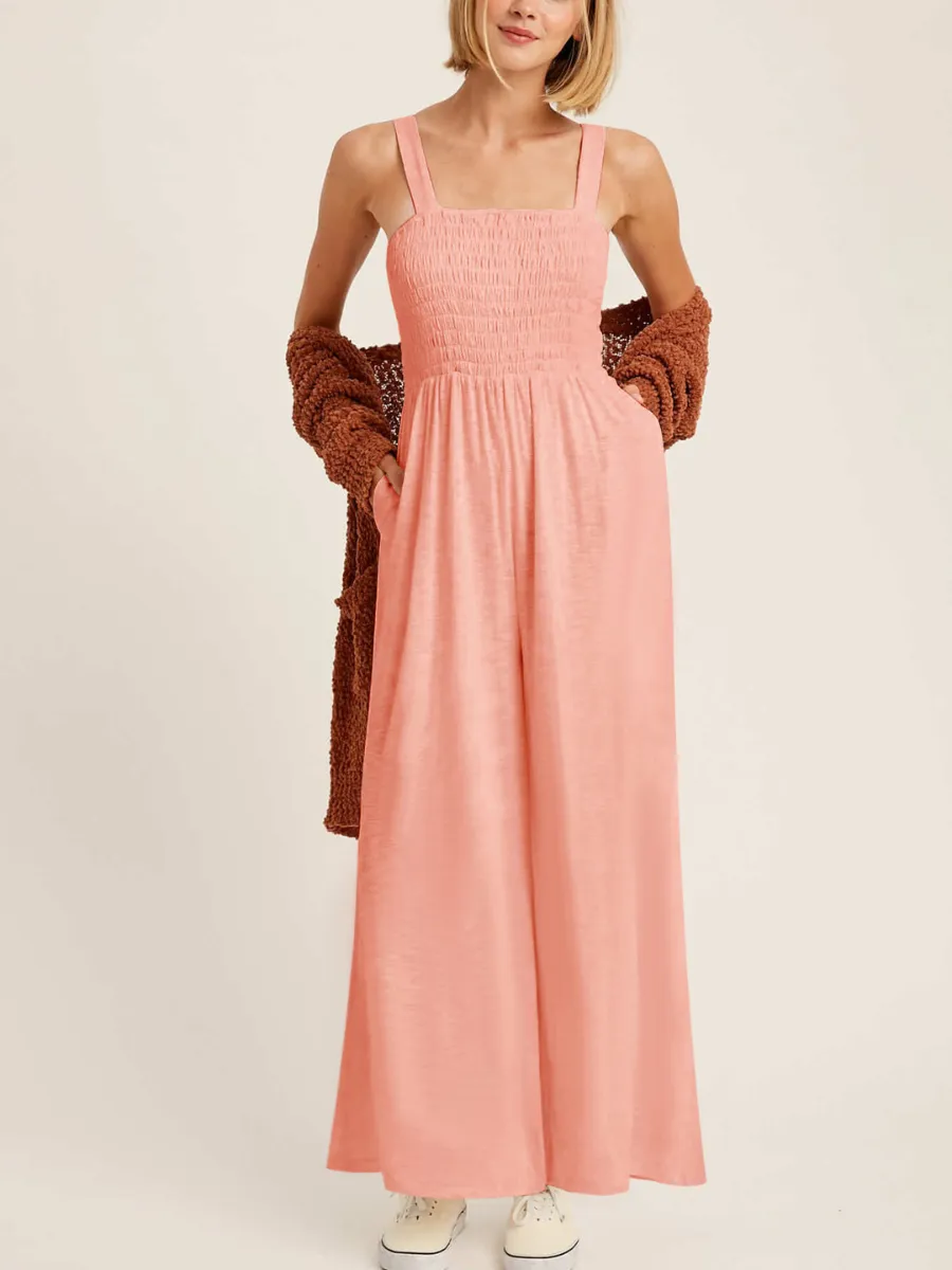 Shore Vacays Smocked Pocketed Wide Leg Jumpsuit - Pink