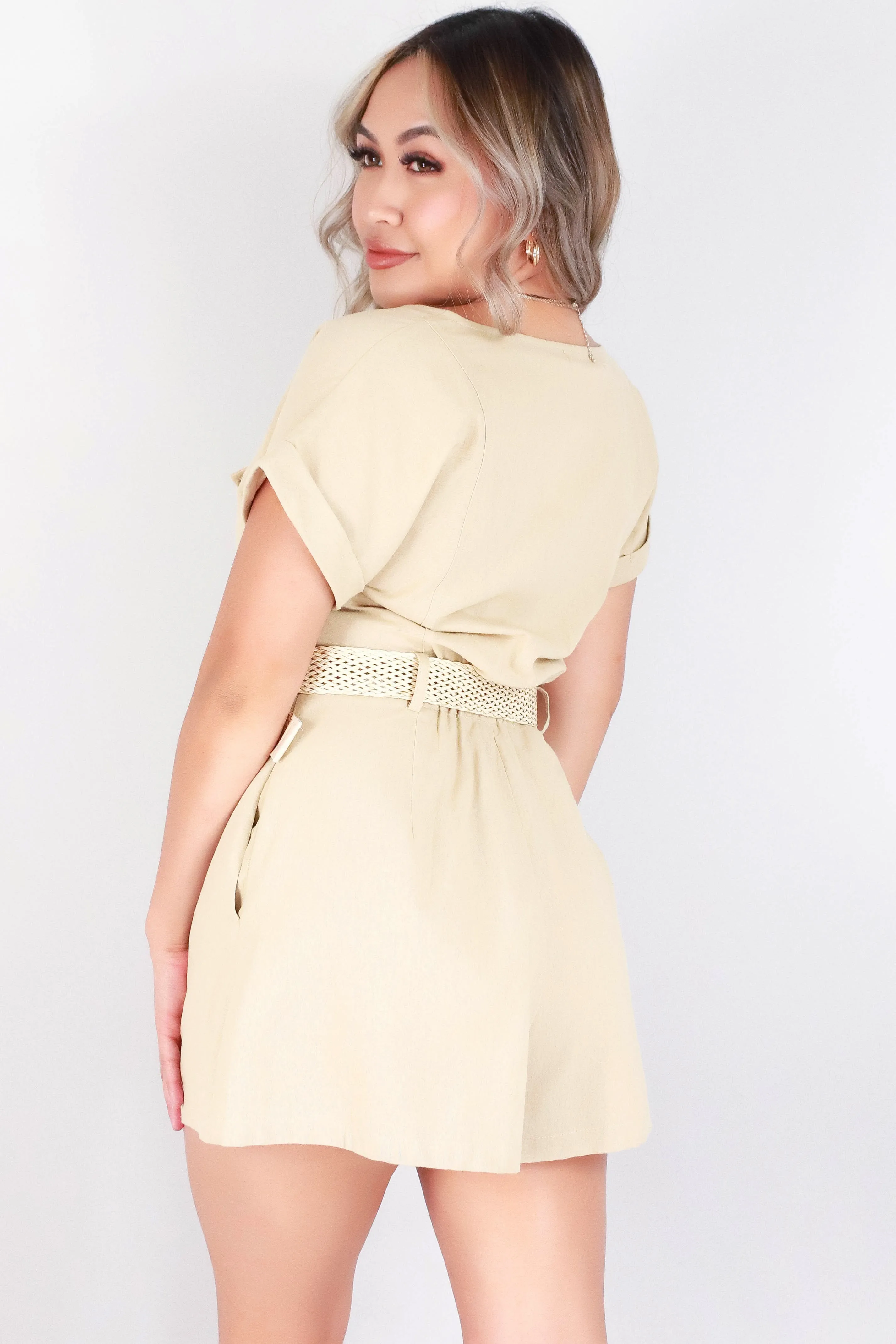 SHORT SLEEVE BELTED ROMPER