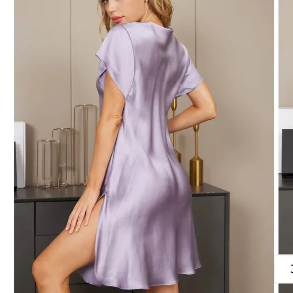 SilkSilky Pure Silk Lace Neck Split Hem Nightgown Purple Size Small