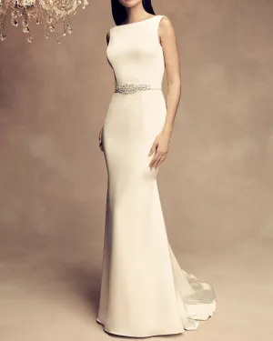 Simple 2018 Satin Mermaid Wedding Dresses with Belt Beaded Backless Wedding Gowns with Beadings