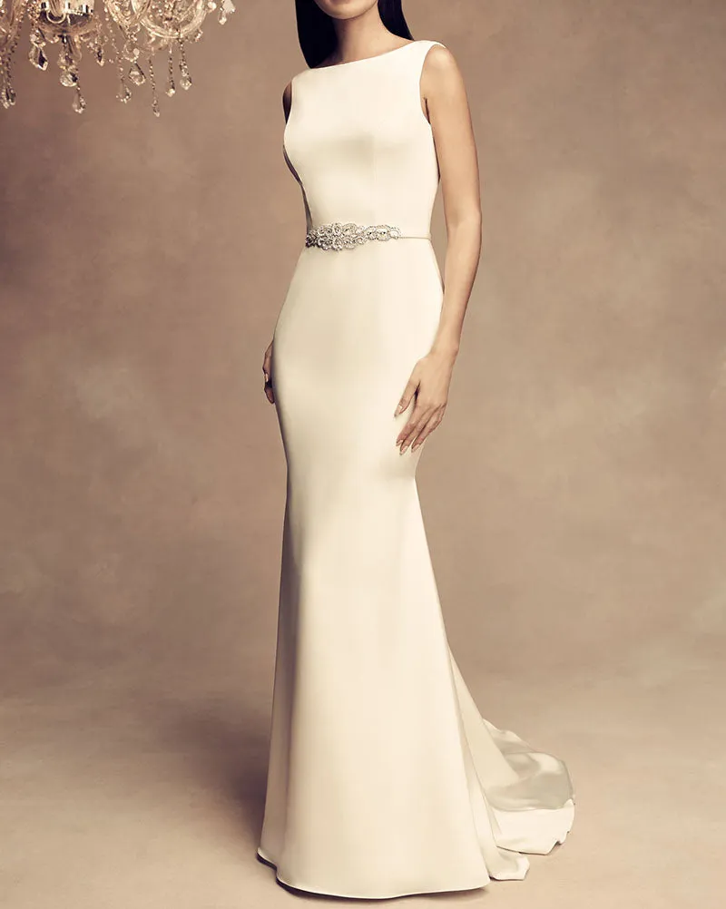 Simple 2018 Satin Mermaid Wedding Dresses with Belt Beaded Backless Wedding Gowns with Beadings