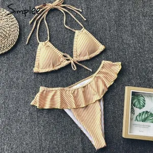 Simplee Striped ruffled bodysuits Triangle push up two piece beach playsuits Halter bikini sexy swimwear women summer bodysuit  B014