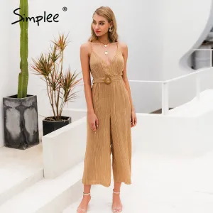 Simplee Vintage sash belt striped women jumpsuit V neck spaghetti straps female jumpsuit romper Spring summer wide leg overalls