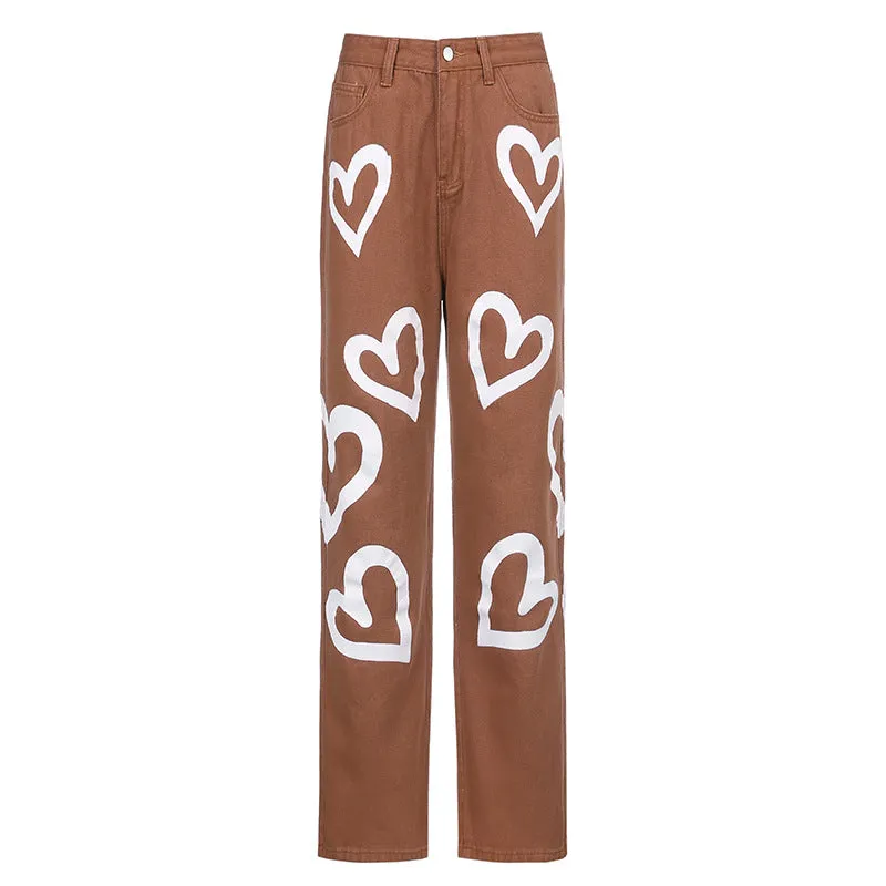 Single-breasted Pocket Denim Heart Shape Printed Jeans Pants