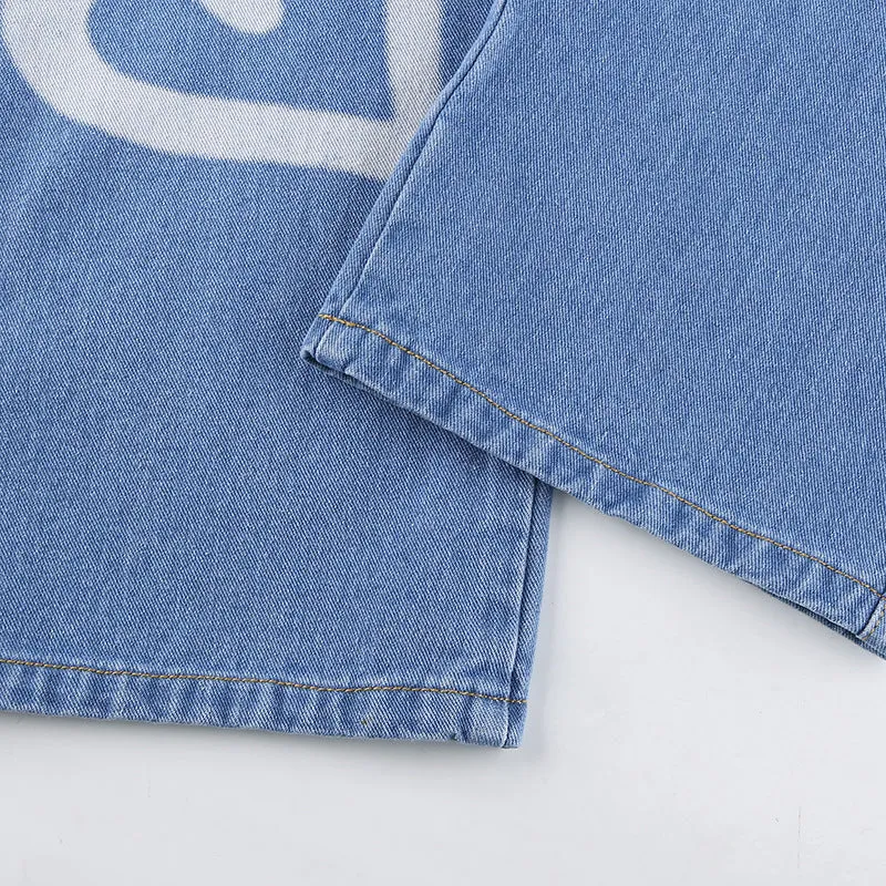 Single-breasted Pocket Denim Heart Shape Printed Jeans Pants
