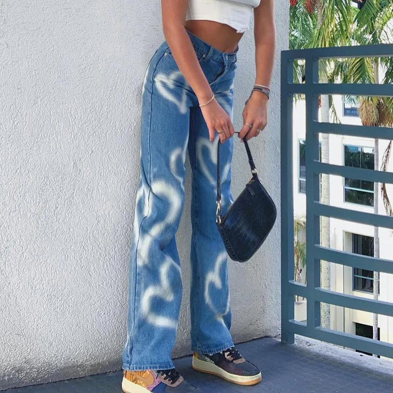 Single-breasted Pocket Denim Heart Shape Printed Jeans Pants