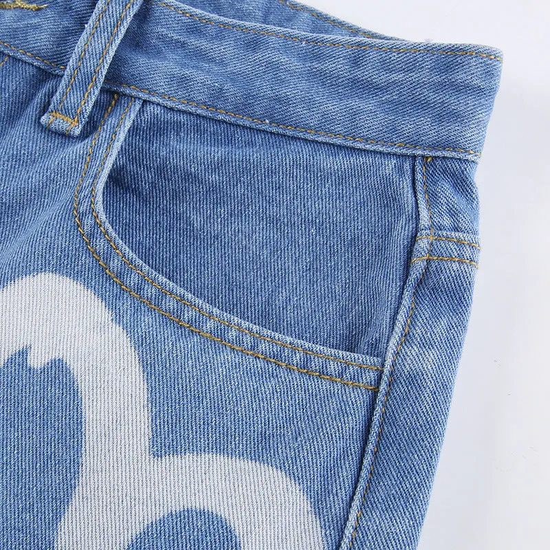 Single-breasted Pocket Denim Heart Shape Printed Jeans Pants
