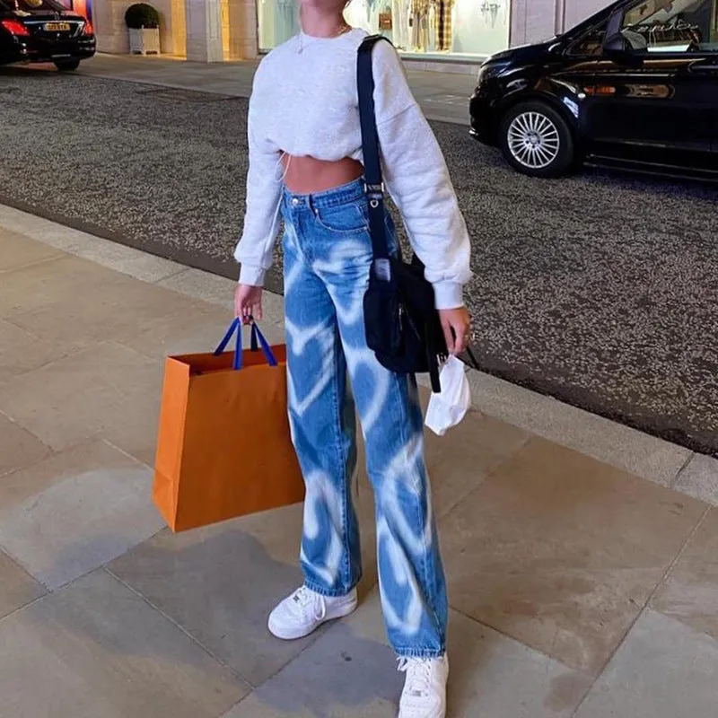 Single-breasted Pocket Denim Heart Shape Printed Jeans Pants