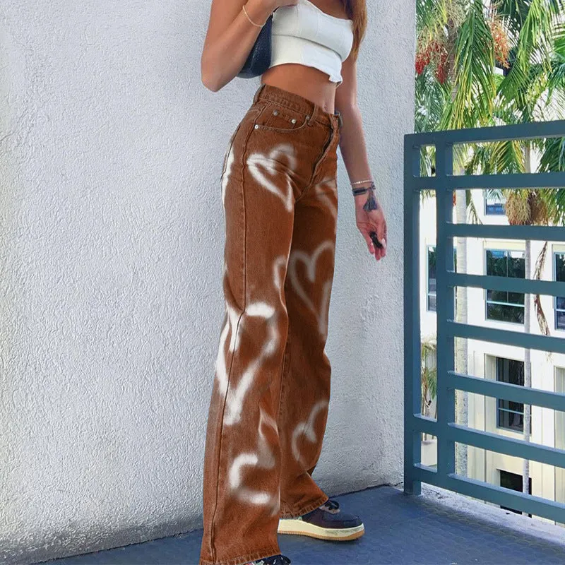 Single-breasted Pocket Denim Heart Shape Printed Jeans Pants
