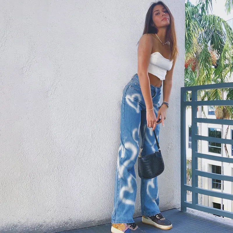 Single-breasted Pocket Denim Heart Shape Printed Jeans Pants