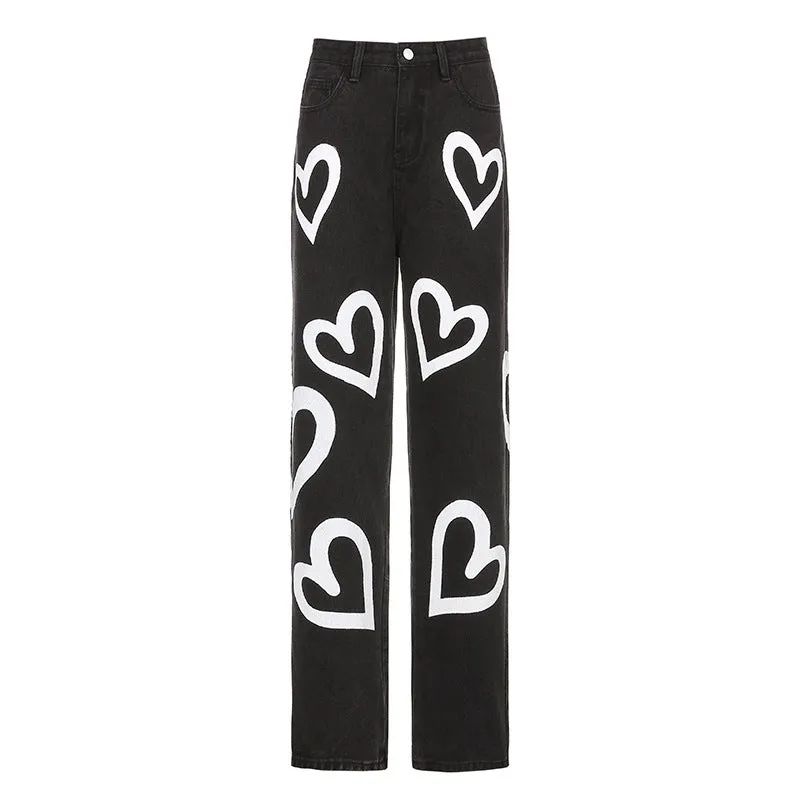 Single-breasted Pocket Denim Heart Shape Printed Jeans Pants