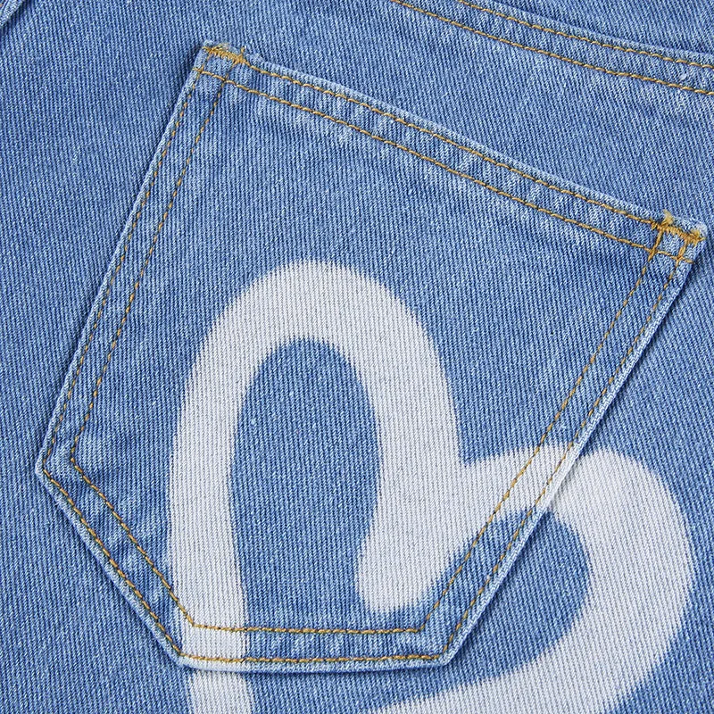 Single-breasted Pocket Denim Heart Shape Printed Jeans Pants