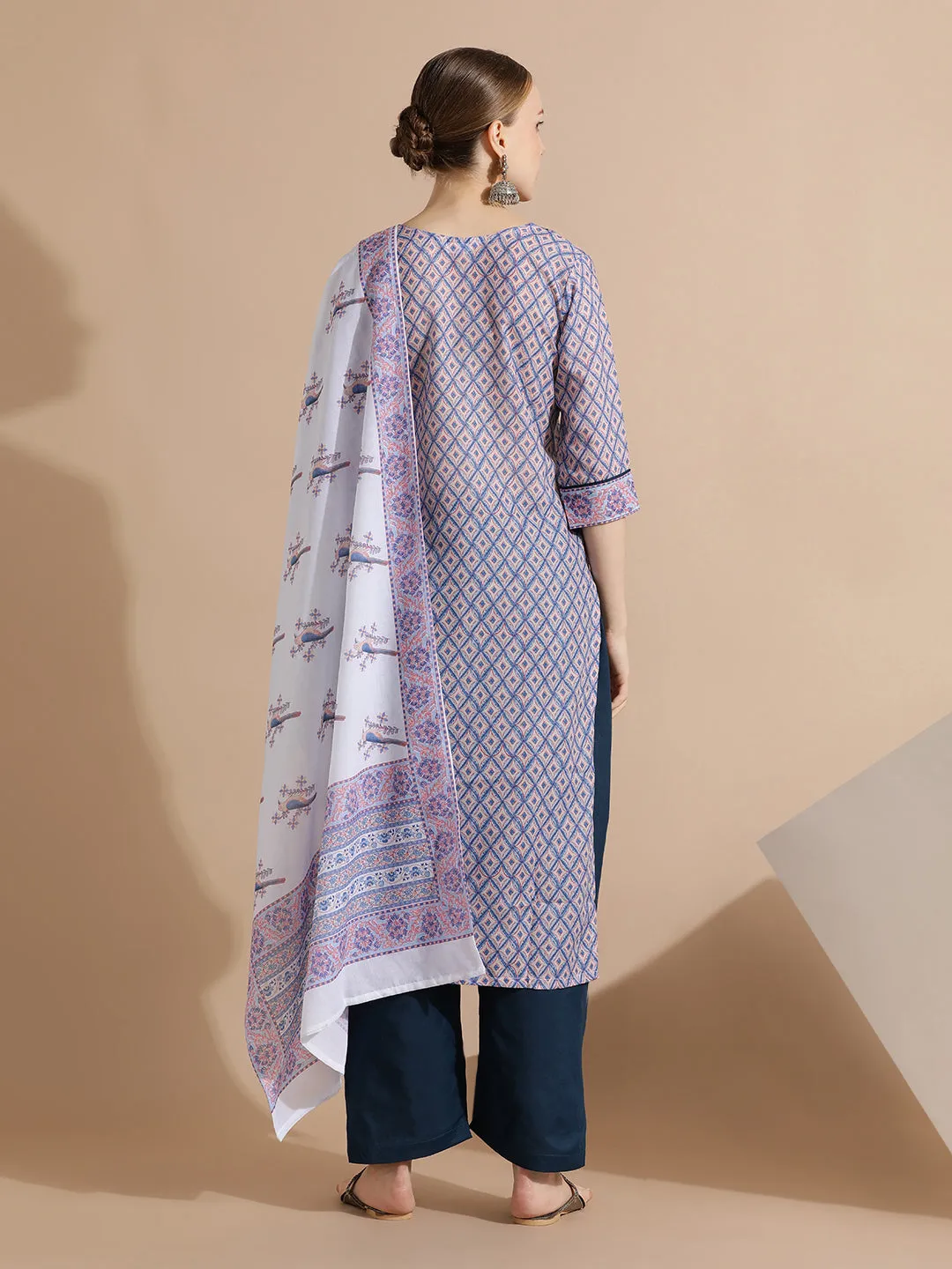 Sky Blue Block Printed Cotton Kurta Set With Dupatta