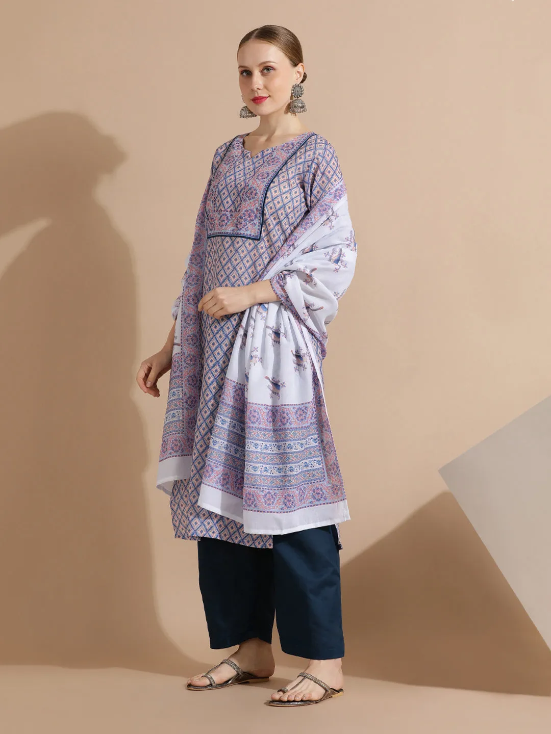Sky Blue Block Printed Cotton Kurta Set With Dupatta