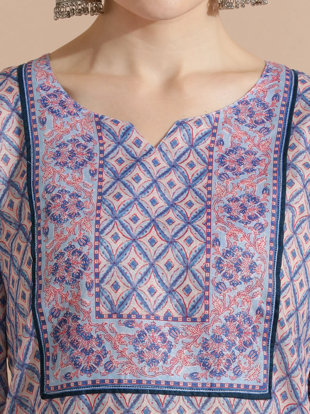 Sky Blue Block Printed Cotton Kurta Set With Dupatta