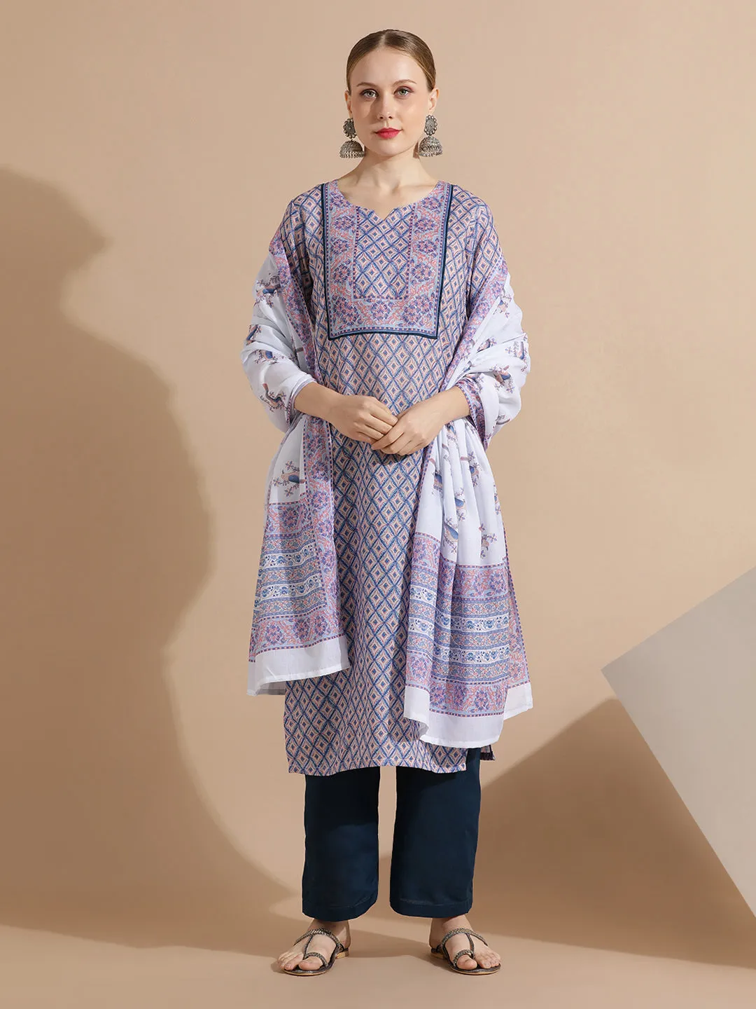 Sky Blue Block Printed Cotton Kurta Set With Dupatta