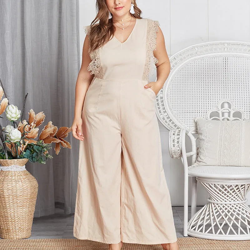 Sleeveless Lace V Neck Women Jumpsuits