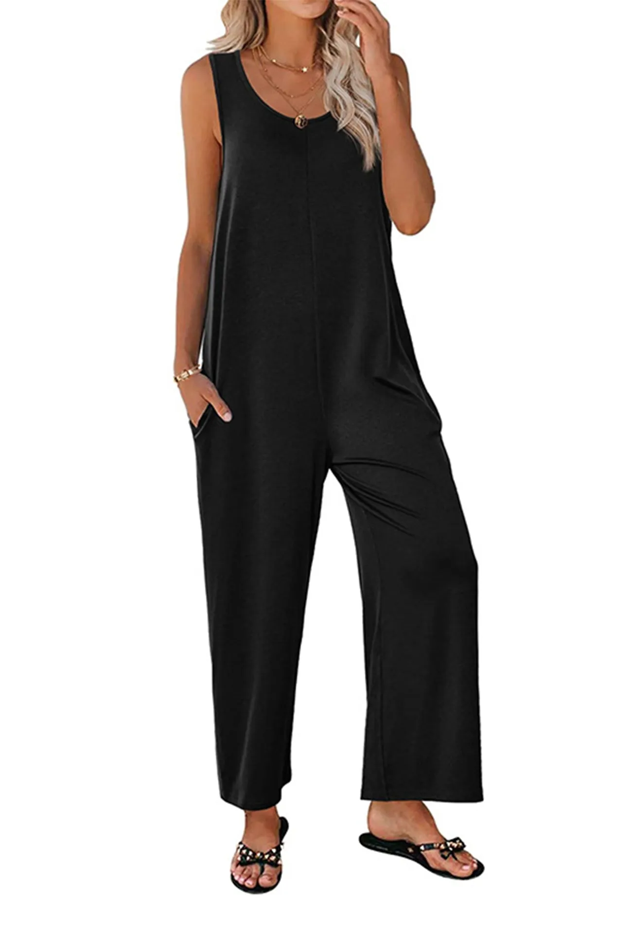 Sleeveless Pocketed Wide Leg Jumpsuits