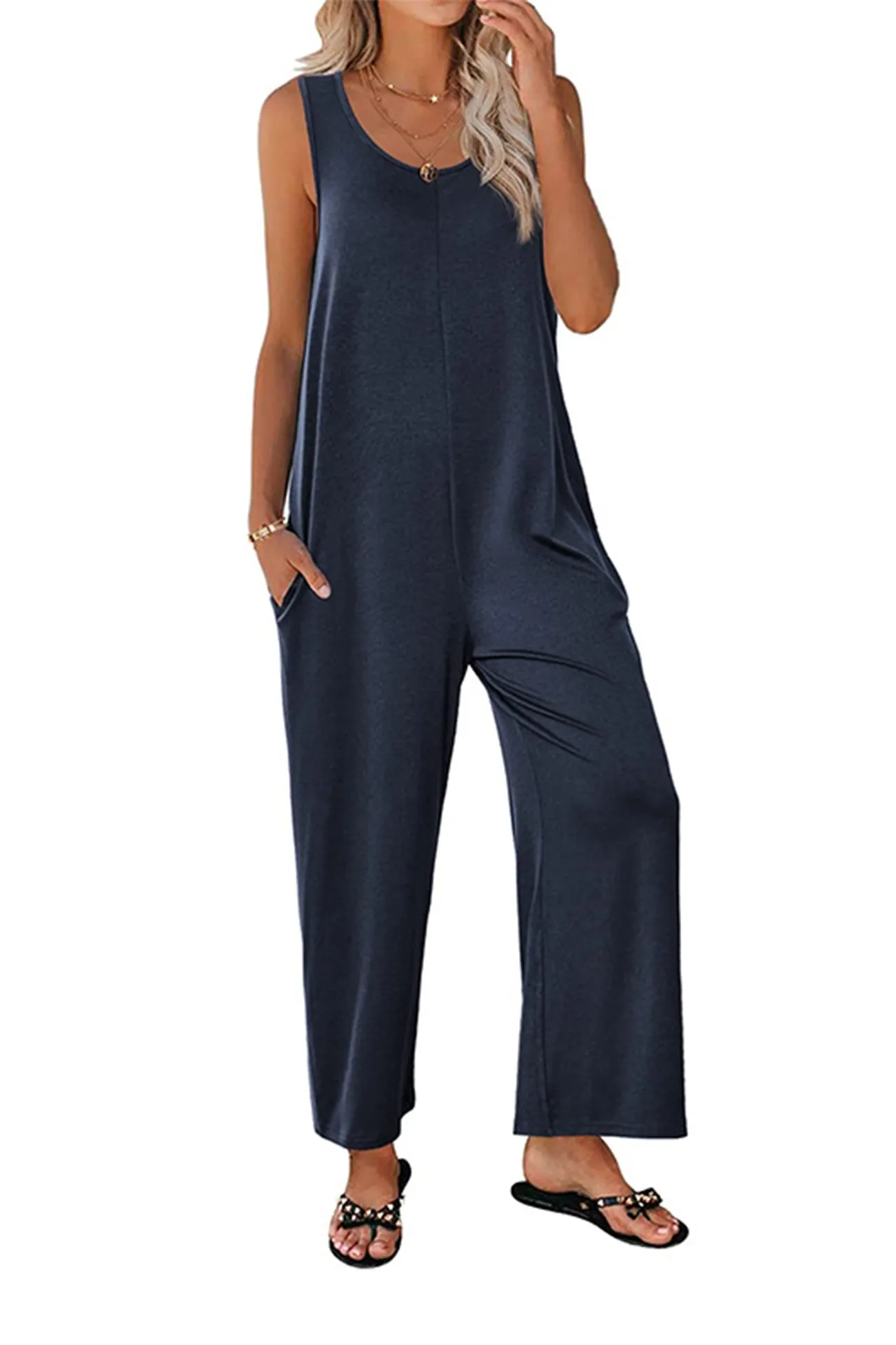 Sleeveless Pocketed Wide Leg Jumpsuits
