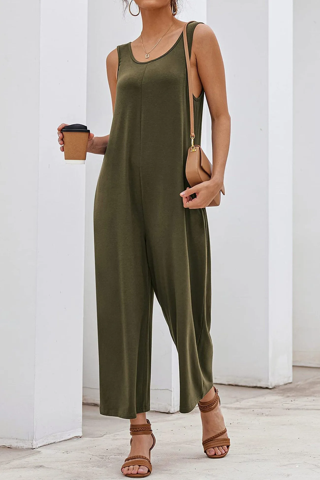 Sleeveless Pocketed Wide Leg Jumpsuits