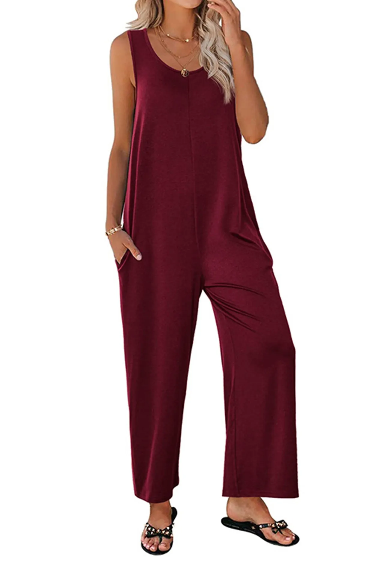Sleeveless Pocketed Wide Leg Jumpsuits