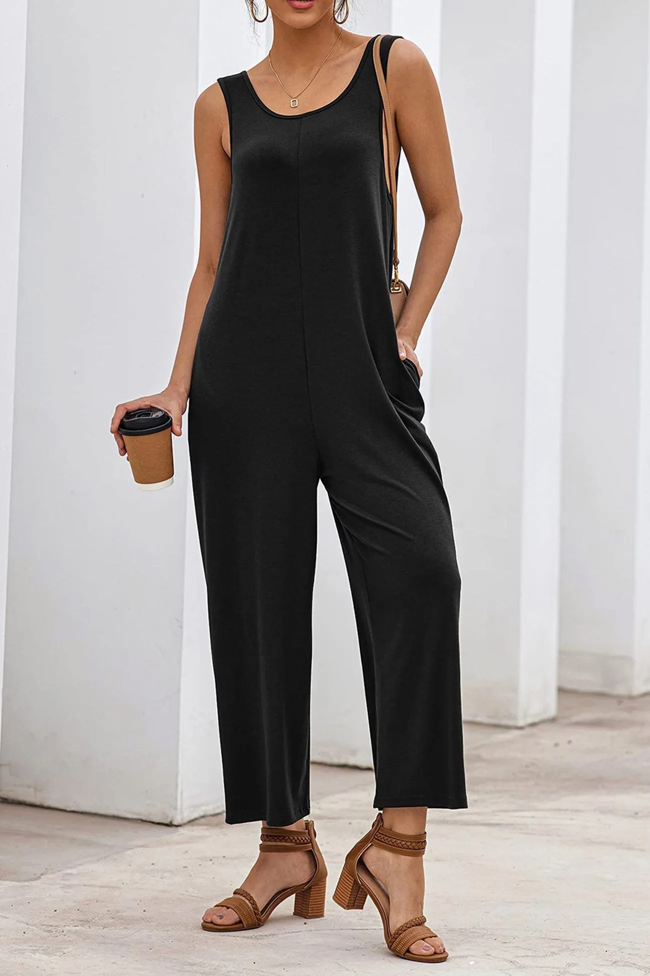Sleeveless Pocketed Wide Leg Jumpsuits