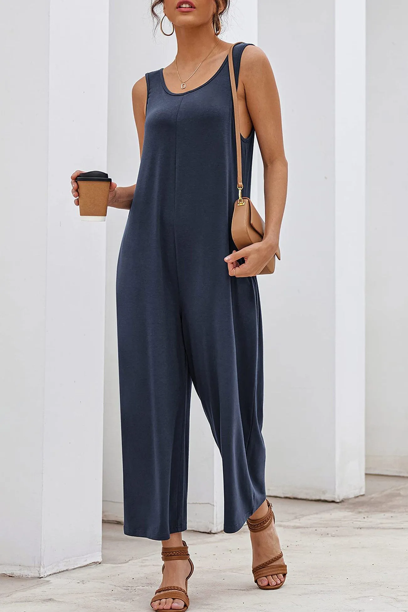 Sleeveless Pocketed Wide Leg Jumpsuits