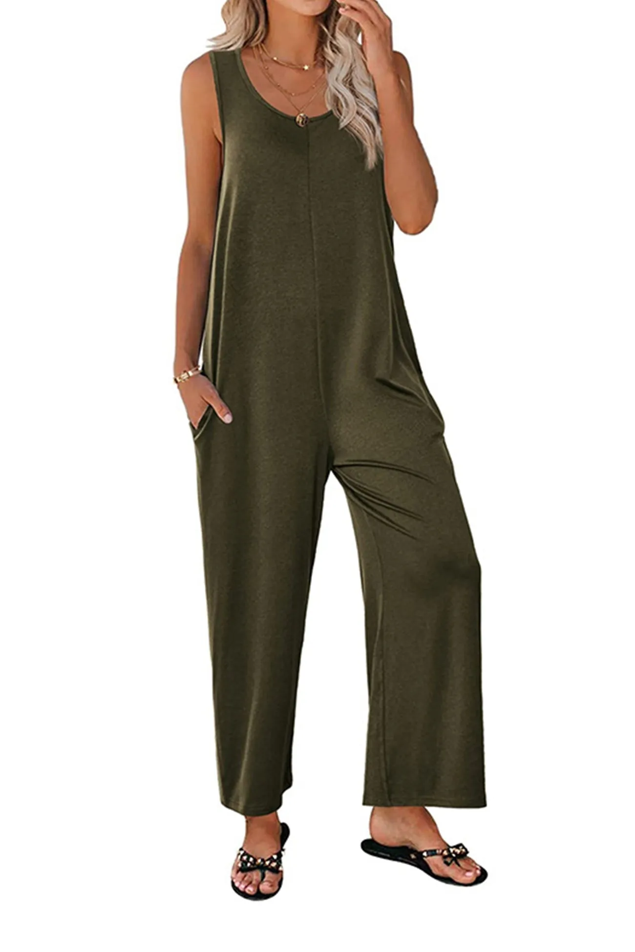 Sleeveless Pocketed Wide Leg Jumpsuits