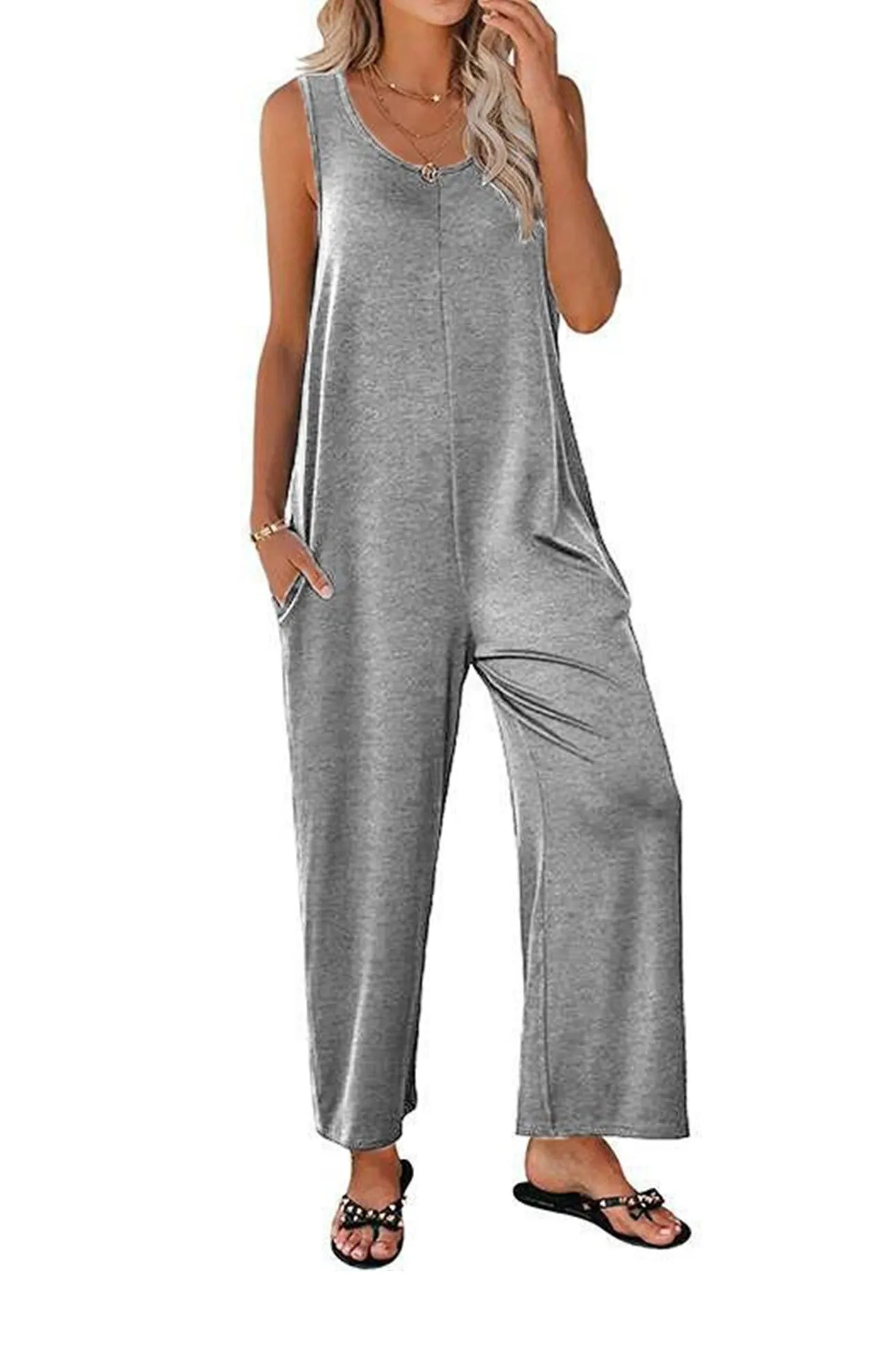 Sleeveless Pocketed Wide Leg Jumpsuits