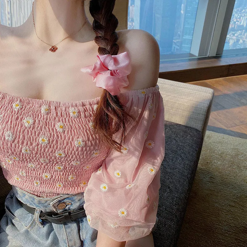 Small Daisy Embroidery Mesh Off Shoulder Shirts