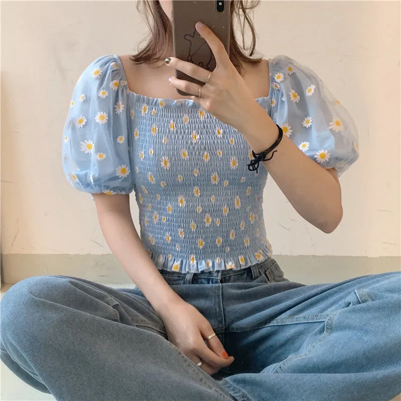 Small Daisy Embroidery Mesh Off Shoulder Shirts