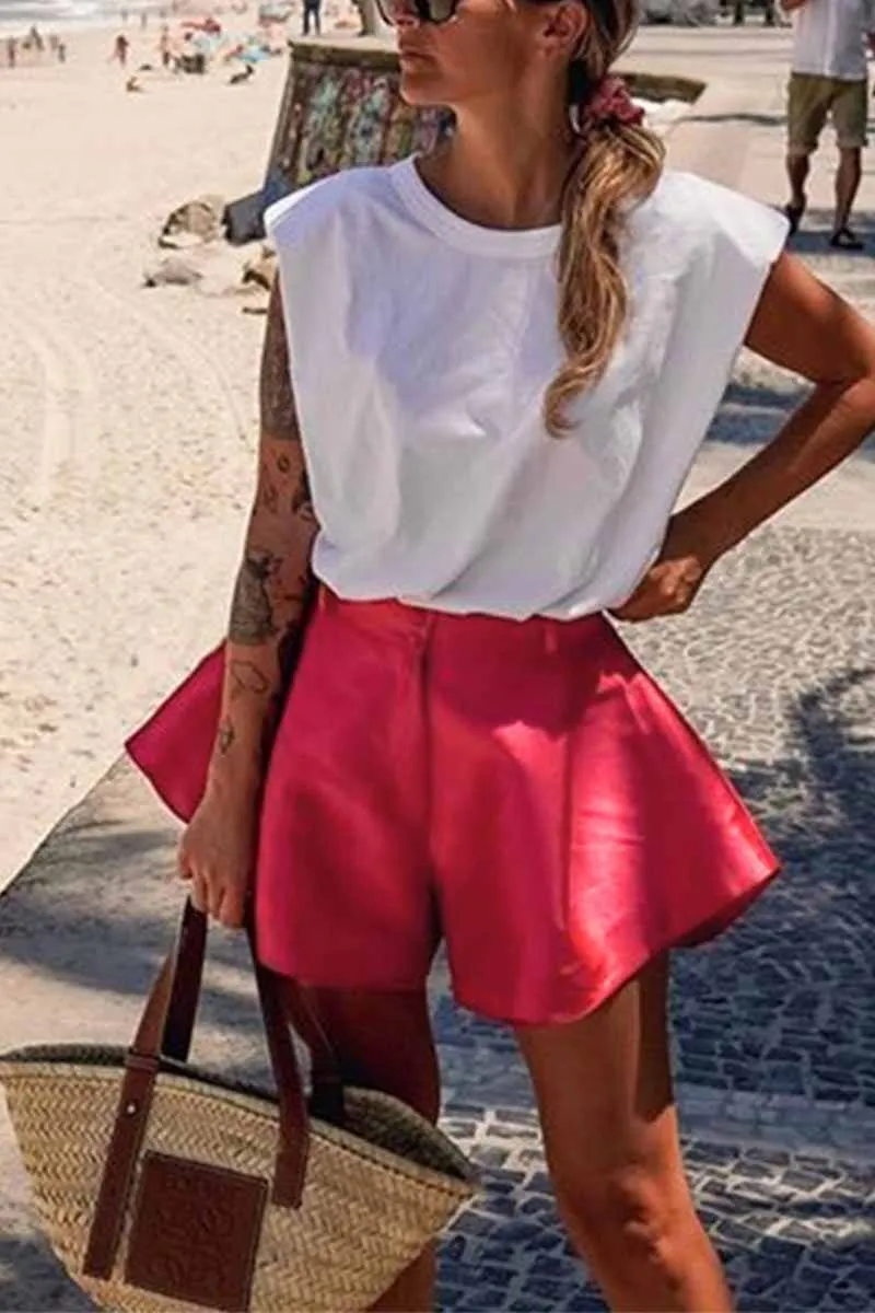 Solid Color Button Flared Wide-Leg Hot Pants