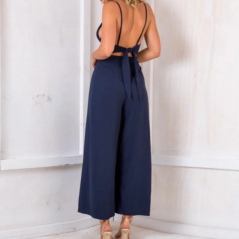 Solid Color Halter Strap Bow V-neck Waisted Jumpsuit