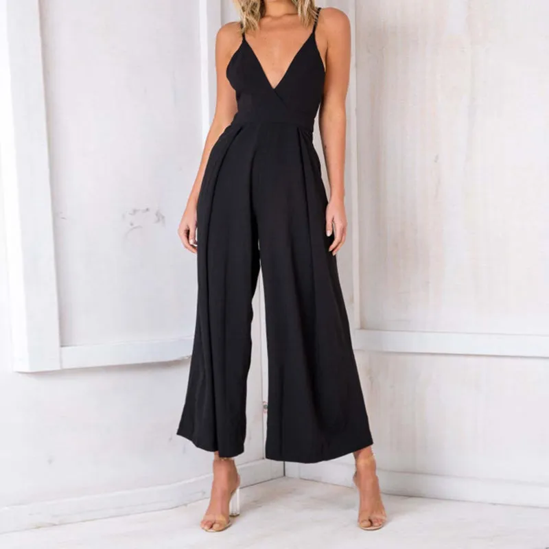 Solid Color Halter Strap Bow V-neck Waisted Jumpsuit