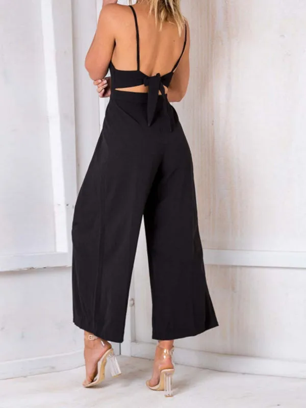 Solid Color Halter Strap Bow V-neck Waisted Jumpsuit