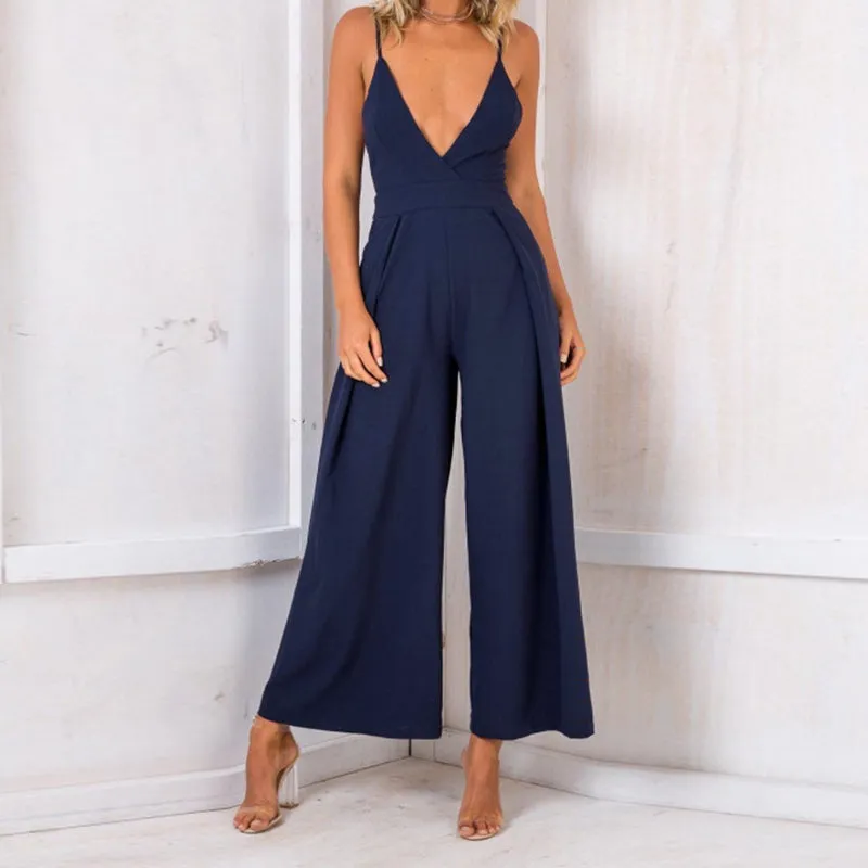 Solid Color Halter Strap Bow V-neck Waisted Jumpsuit