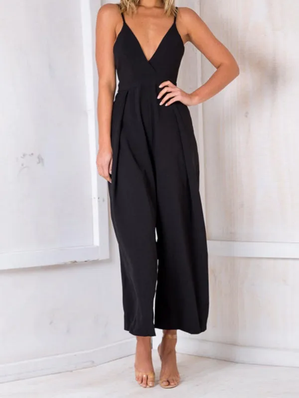 Solid Color Halter Strap Bow V-neck Waisted Jumpsuit