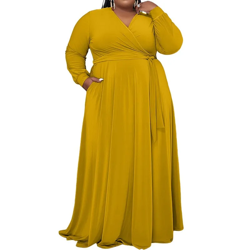 Solid Color V-Neck Lacing Casual Pockets Loose Plus Size
