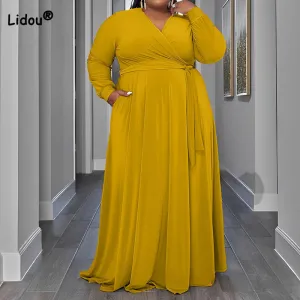 Solid Color V-Neck Lacing Casual Pockets Loose Plus Size