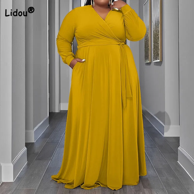 Solid Color V-Neck Lacing Casual Pockets Loose Plus Size