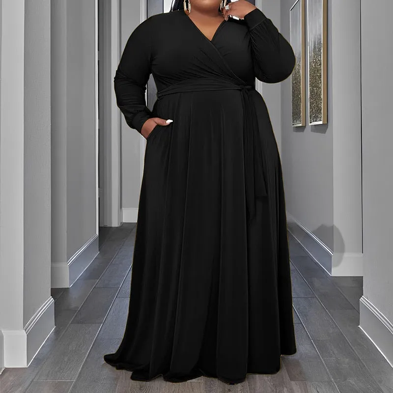Solid Color V-Neck Lacing Casual Pockets Loose Plus Size