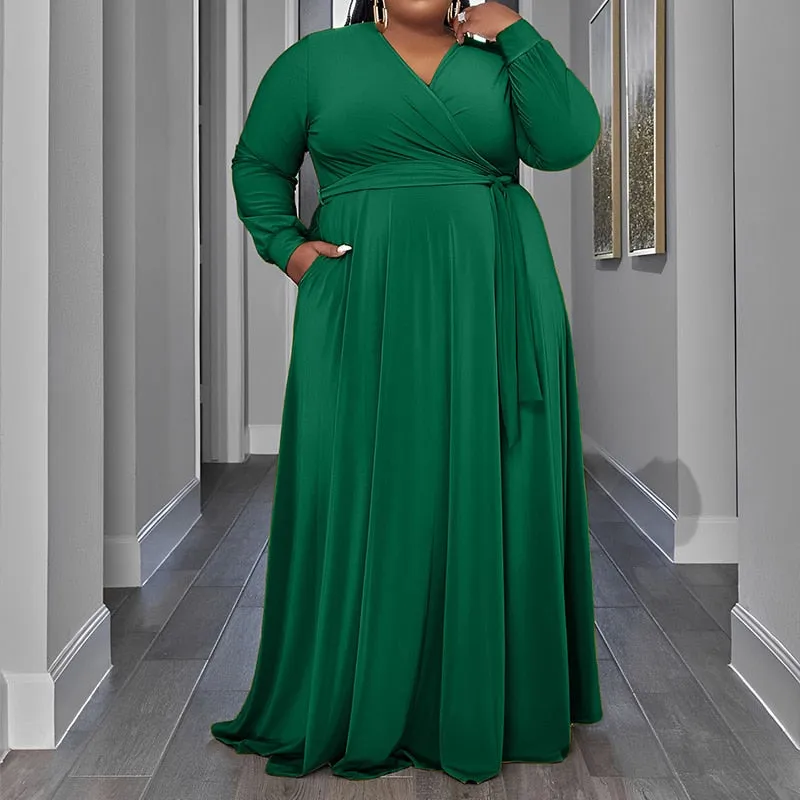 Solid Color V-Neck Lacing Casual Pockets Loose Plus Size