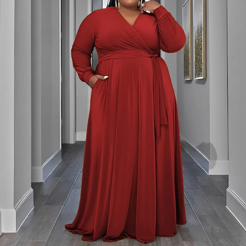 Solid Color V-Neck Lacing Casual Pockets Loose Plus Size