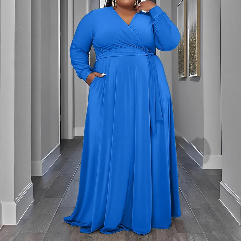 Solid Color V-Neck Lacing Casual Pockets Loose Plus Size