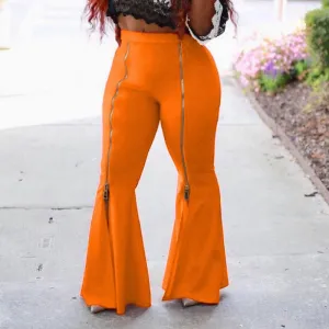 Solid Zipper Design Bell Bottom Pants