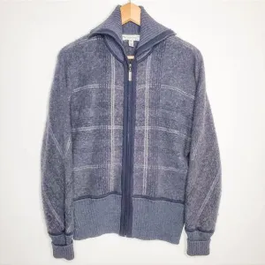 St. John Grey Tartan Plaid Shawl Collar Full Zip Wool Cashmere Silk Jacket Sz L