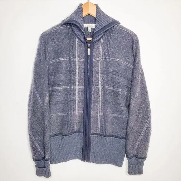 St. John Grey Tartan Plaid Shawl Collar Full Zip Wool Cashmere Silk Jacket Sz L